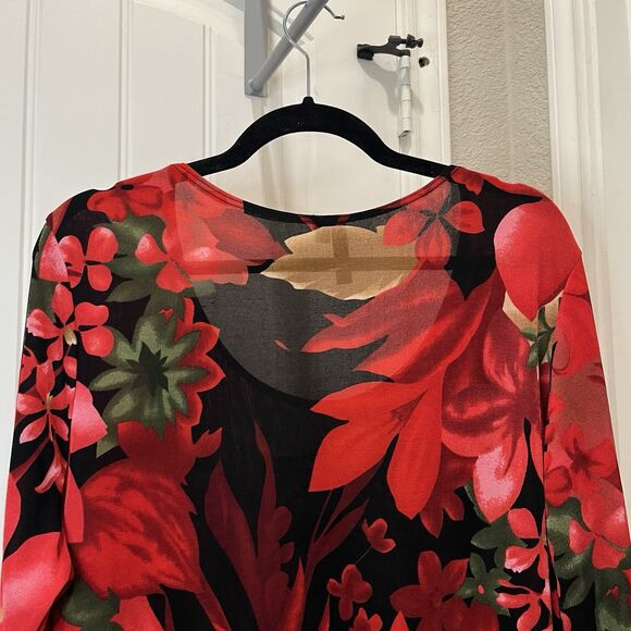 Susan Lawrence Red Tan Floral Stretchy Slinky Long Sleeve Top Womens Size 2X - Picture 8 of 10